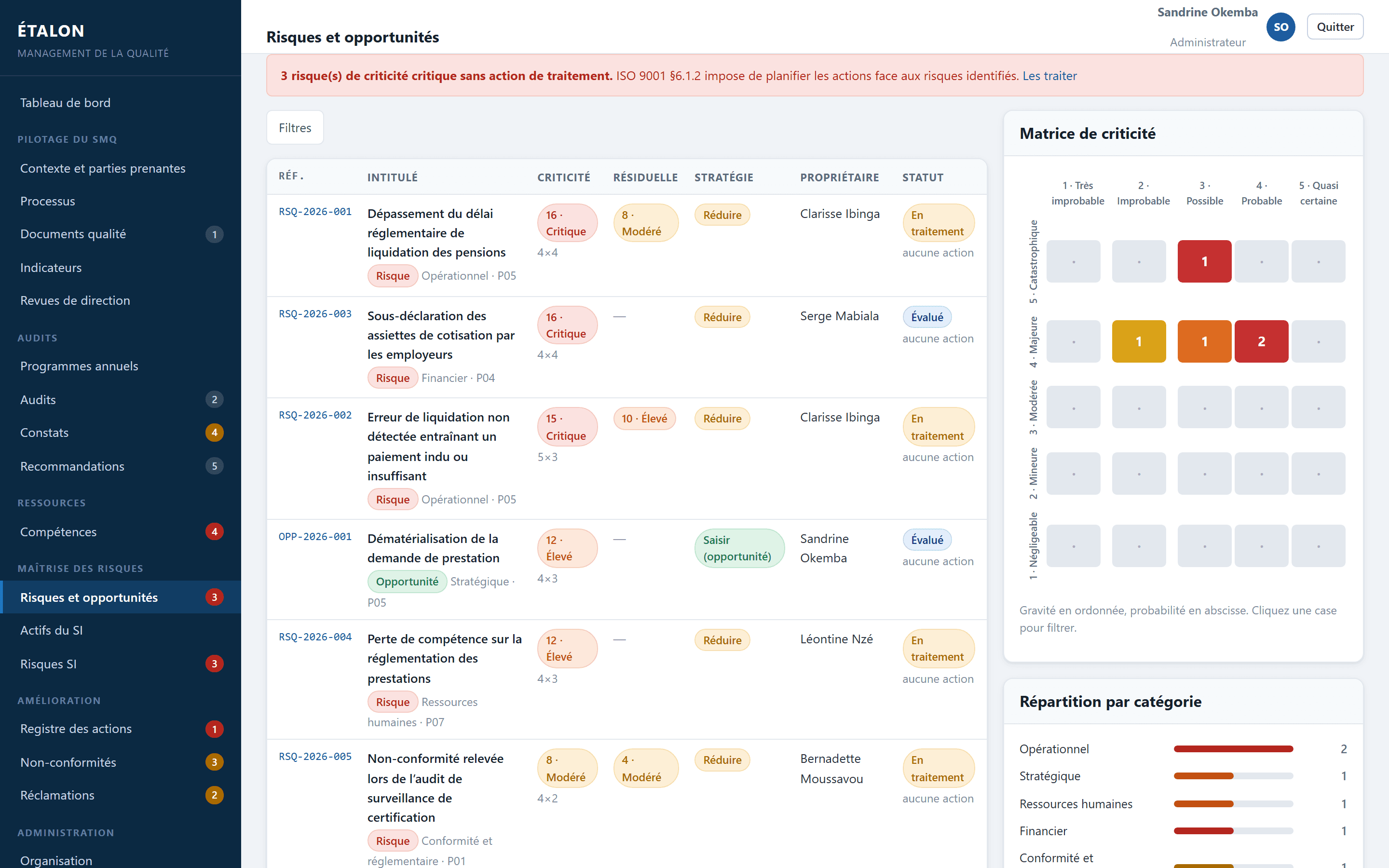 Registre des risques et opportunités : un tableau listant les risques avec leur criticité, leur criticité résiduelle, leur stratégie et leur propriétaire, à côté d'une matrice de criticité à cinq niveaux.